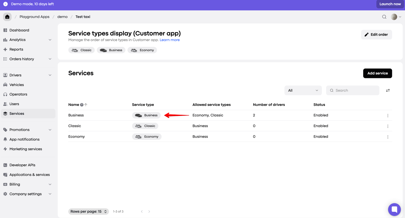 The Services screen lists Business, Classic, and Economy services; a red arrow points to the Business service type pill in the Business row. Visible: Services, Add service, Name, Service type, Allowed service types, Number of drivers.