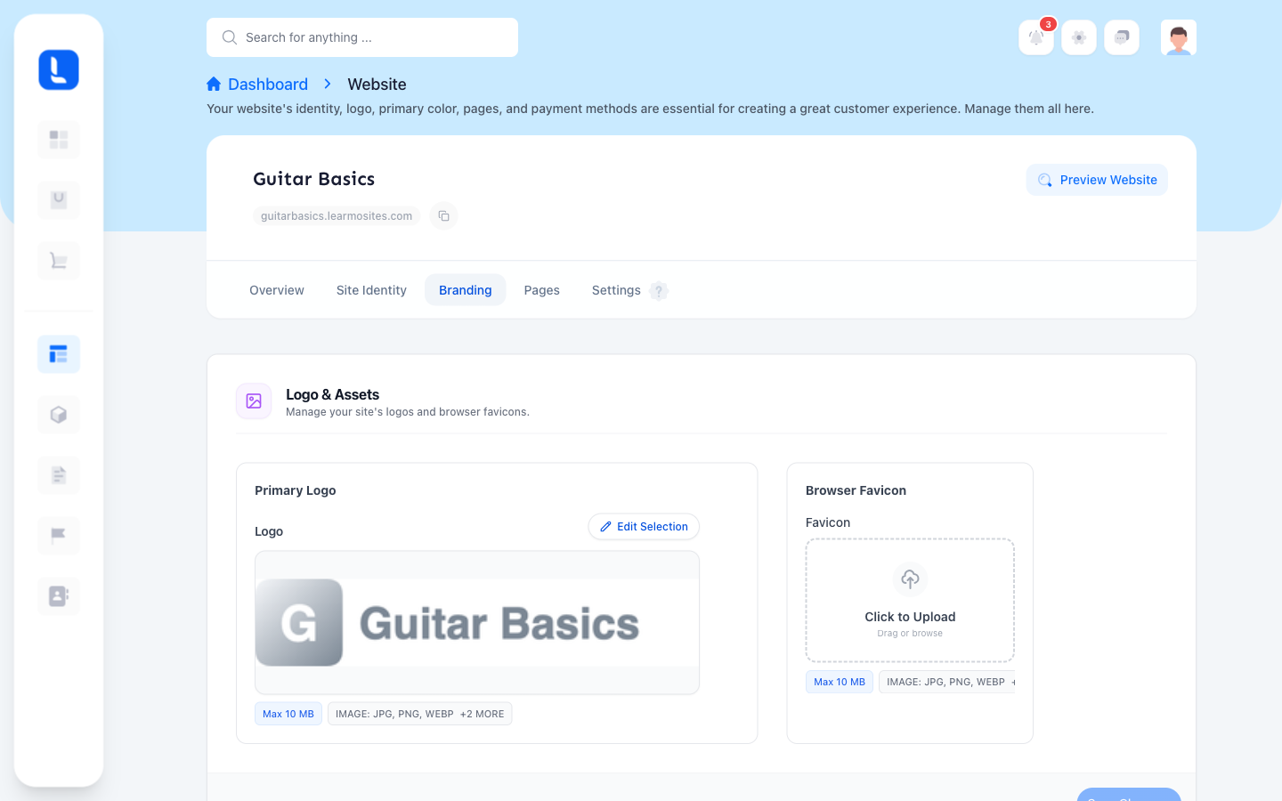The Logo & Assets section of Website, Branding, showing the Primary Logo and Browser Favicon fields.