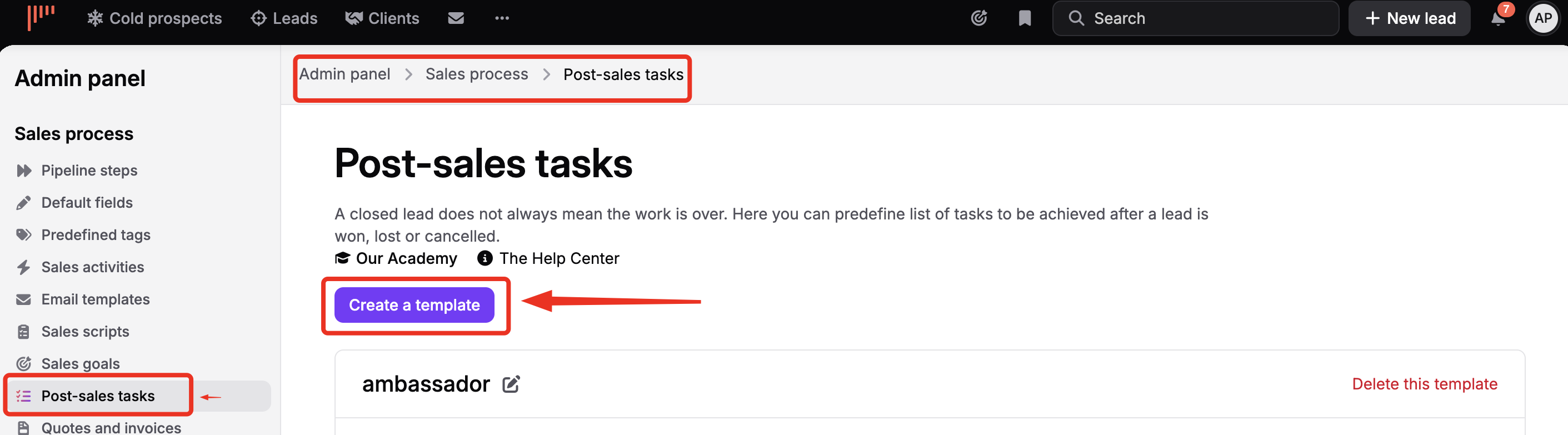 Admin panel’s Sales process > Post-sales tasks settings, with the sidebar section selected and a red arrow pointing to the Create a template button. Visible: Admin panel, Sales process, Post-sales tasks, Pipeline steps, Default fields, Predefined tags.