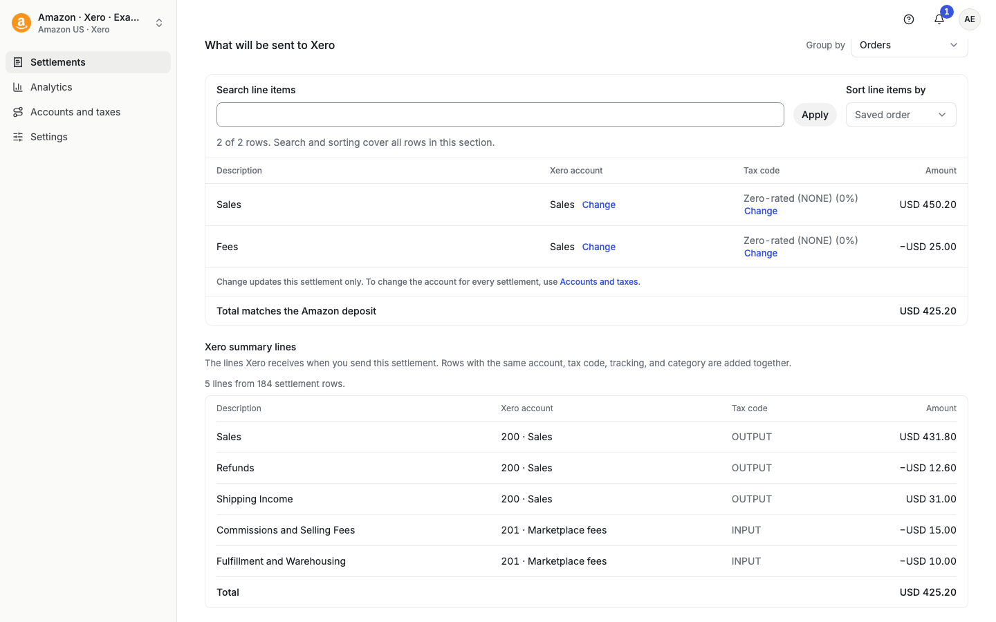 Xero summary lines under What will be sent to Xero
