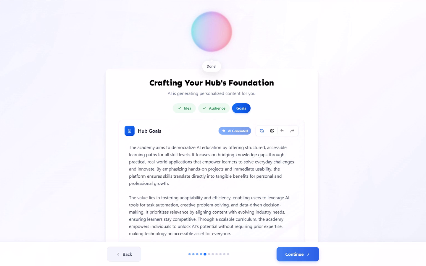 The Crafting Your Hub's Foundation screen, showing the Hub Idea, Target Audience, and Hub Goals tabs and an AI-generated field