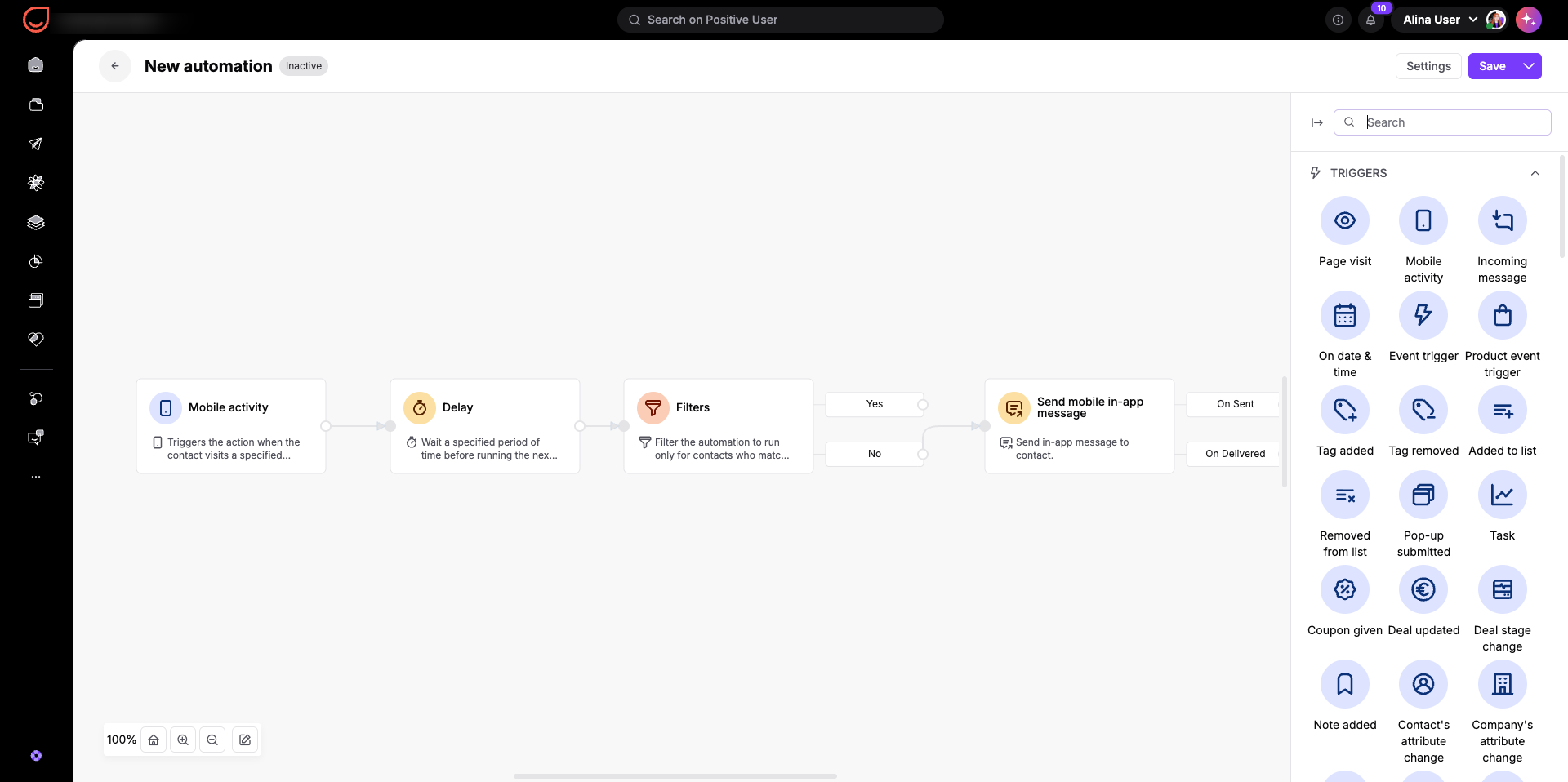 The New automation workflow canvas shows Mobile activity, Delay, and Filters connected to Send mobile in-app message, with a trigger picker open on the right. Visible: New automation, Inactive, Settings, Save, Search, TRIGGERS.