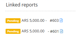 The Linked reports section lists two pending reports for ARS 5,000.00, numbered #603 and #601. Visible: Linked reports, Pending, ARS 5,000.00, - #603, - #601.