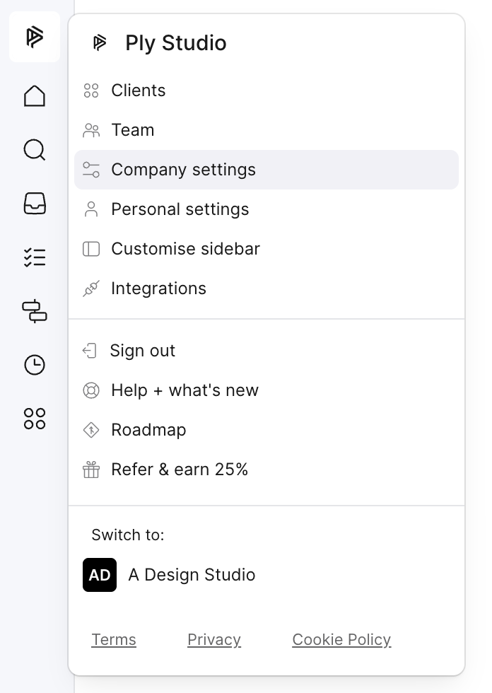 Ply Studio account menu is open beside the left navigation, with Company settings highlighted and options for switching workspace and account help. Visible: Ply Studio, Clients, Team, Company settings, Personal settings, Customise sidebar.