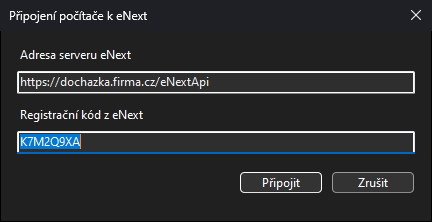 The eNext connection dialog shows server address and registration code fields, with the code selected, plus Connect and Cancel buttons. Visible: Připojení počítače k eNext, Adresa serveru eNext, https://dochazka.firma.cz/eNextApi, Registrační kód z eNext, K7M2Q9XA, Připojit.