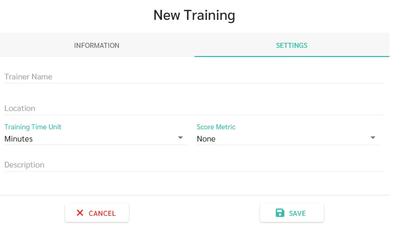 New Training form on the Settings tab, with trainer name, location, training time unit, score metric, and description fields plus Cancel and Save buttons. Visible: New Training, INFORMATION, SETTINGS, Trainer Name, Location, Training Time Unit.