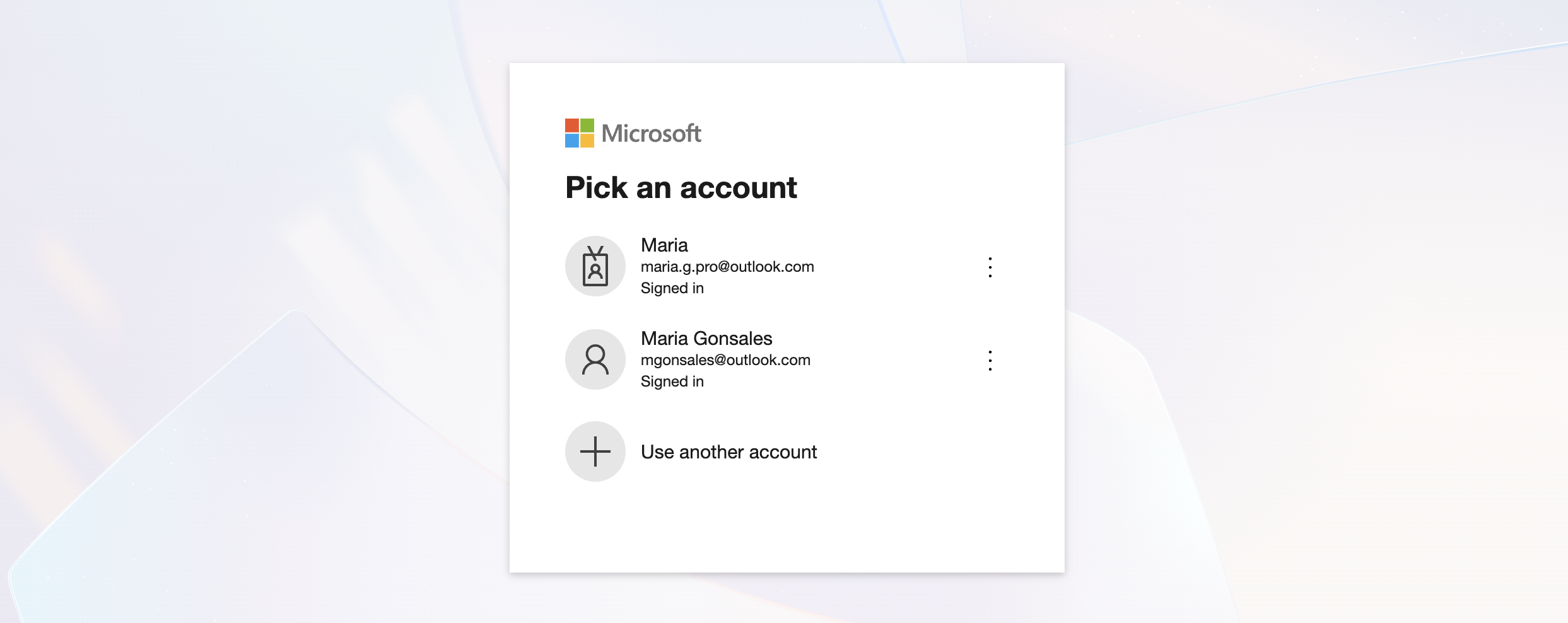 Microsoft account picker screen lists two signed-in accounts and a Use another account option. Visible: Microsoft, Pick an account, Maria, maria.g.pro@outlook.com, Signed in, Maria Gonsales.