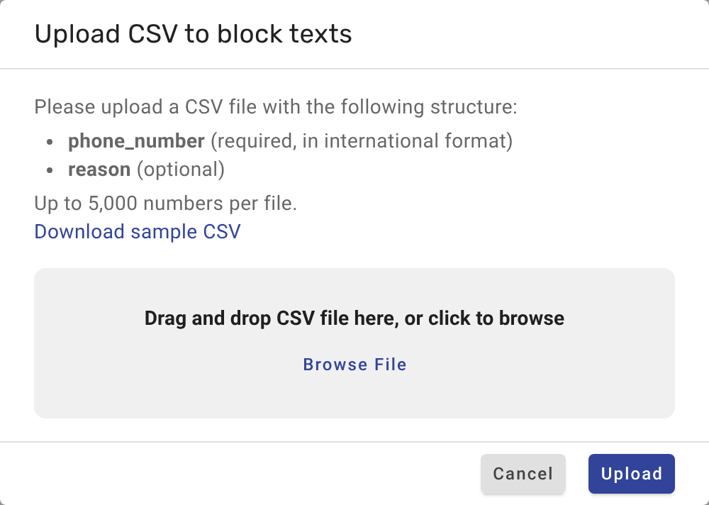 The “Upload CSV to block texts” dialog shows required phone_number and optional reason columns, a CSV drop zone, and Cancel and Upload buttons. Visible: Upload CSV to block texts, Please upload a CSV file with the following structure:, phone_number, required, in international format, reason, optiona