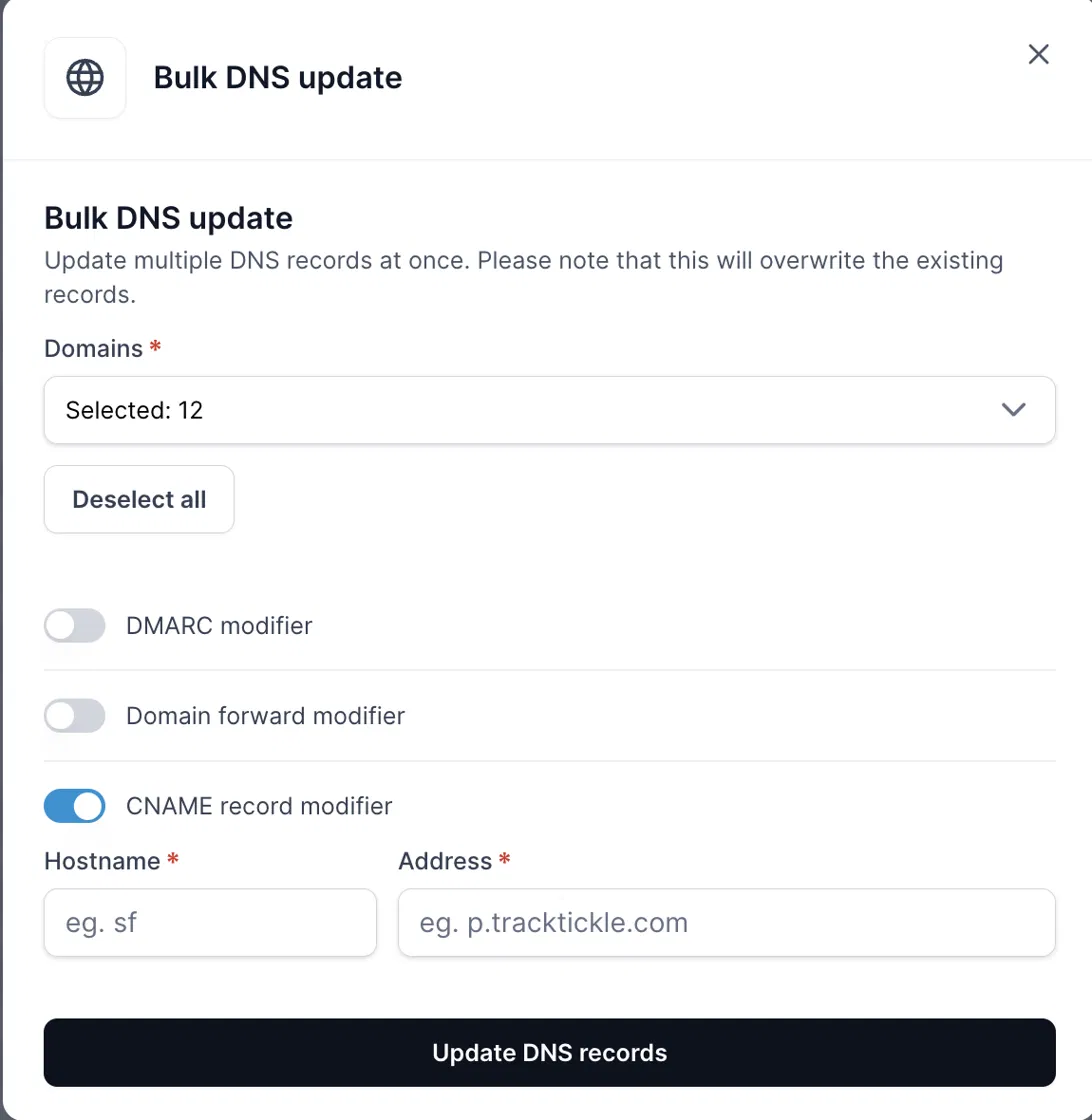 Bulk DNS update dialog shows 12 selected domains, DMARC and domain forward modifiers off, CNAME modifier on, hostname and address fields, and an update button. Visible: Bulk DNS update, Update multiple DNS records at once. Please note that this will overwrite the existing records., Domains *, Select