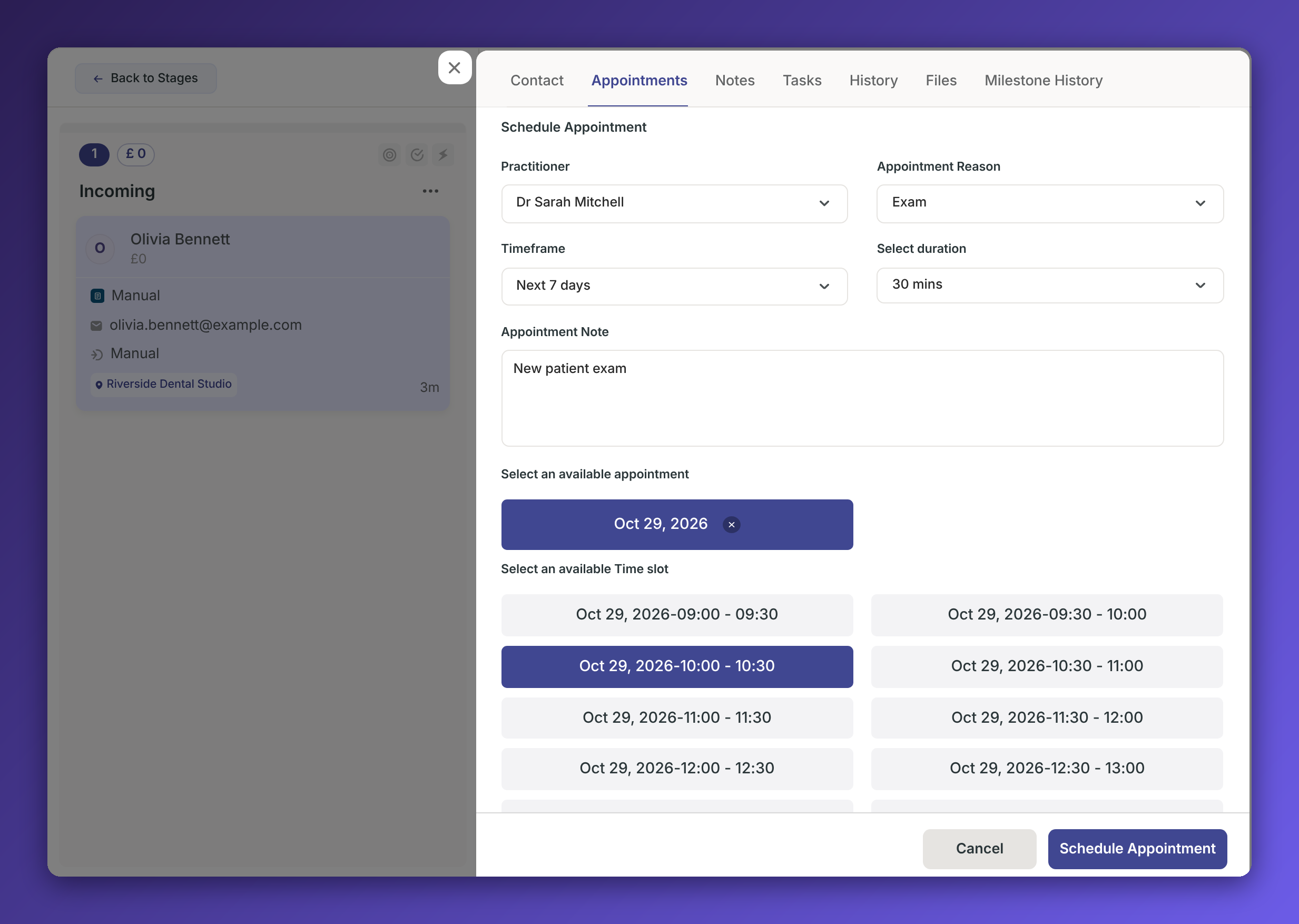 The Appointments tab shows a Schedule Appointment form with practitioner, reason, date, time slots, and scheduling controls for a contact. Visible: Appointments, Schedule Appointment, Practitioner, Dr Sarah Mitchell, Appointment Reason, Exam.