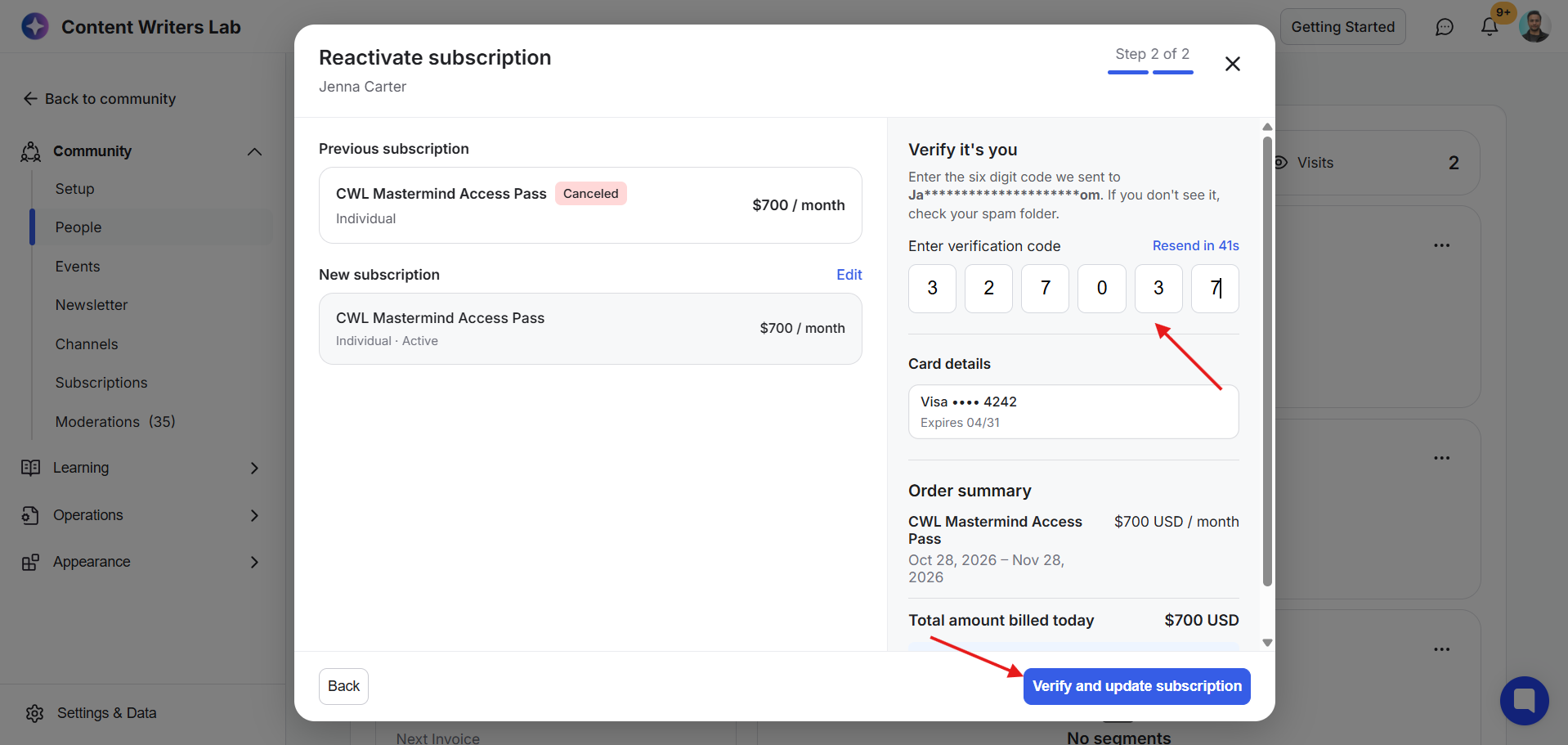 The Reactivate subscription dialog for Jenna Carter shows step 2 of 2, with arrows pointing to the verification code and Verify and update subscription button. Visible: Reactivate subscription, Jenna Carter, Step 2 of 2, Previous subscription, CWL Mastermind Access Pass, Canceled.