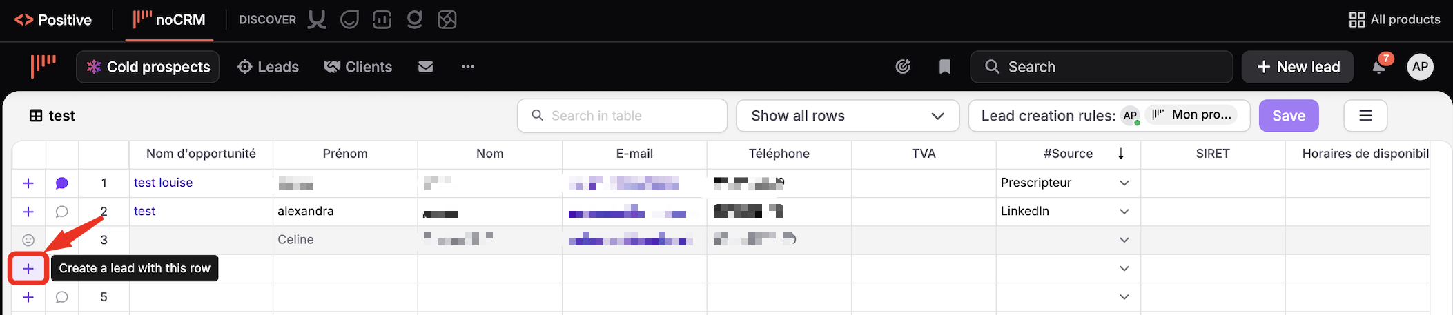 The noCRM Cold prospects table shows lead rows; a red arrow and outline highlight the purple plus button that creates a lead with that row. Visible: noCRM, Cold prospects, Leads, Clients, Search, New lead.