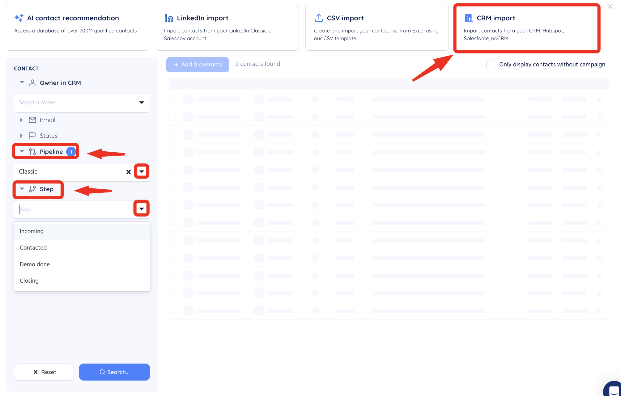 CRM import: filtros Pipeline y Step abiertos, con la lista de etapas del pipeline.
