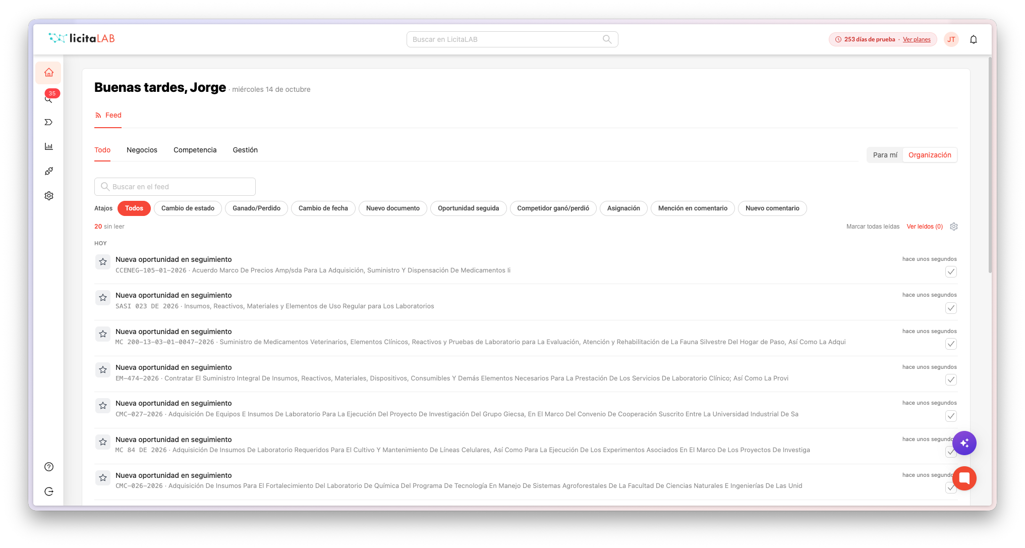 LicitaLAB dashboard Feed screen showing the Todo activity list, filters, and recent opportunity notifications. Visible: Buenas tardes, Jorge, miércoles 14 de octubre, Feed, Todo, Negocios, Competencia.