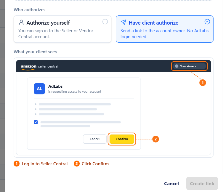 The client authorization setup screen has “Have client authorize” selected and shows Seller Central steps highlighting the store menu and Confirm button. Visible: Who authorizes, Authorize yourself, You can sign in to the Seller or Vendor Central account., Have client authorize, Send a link to the a