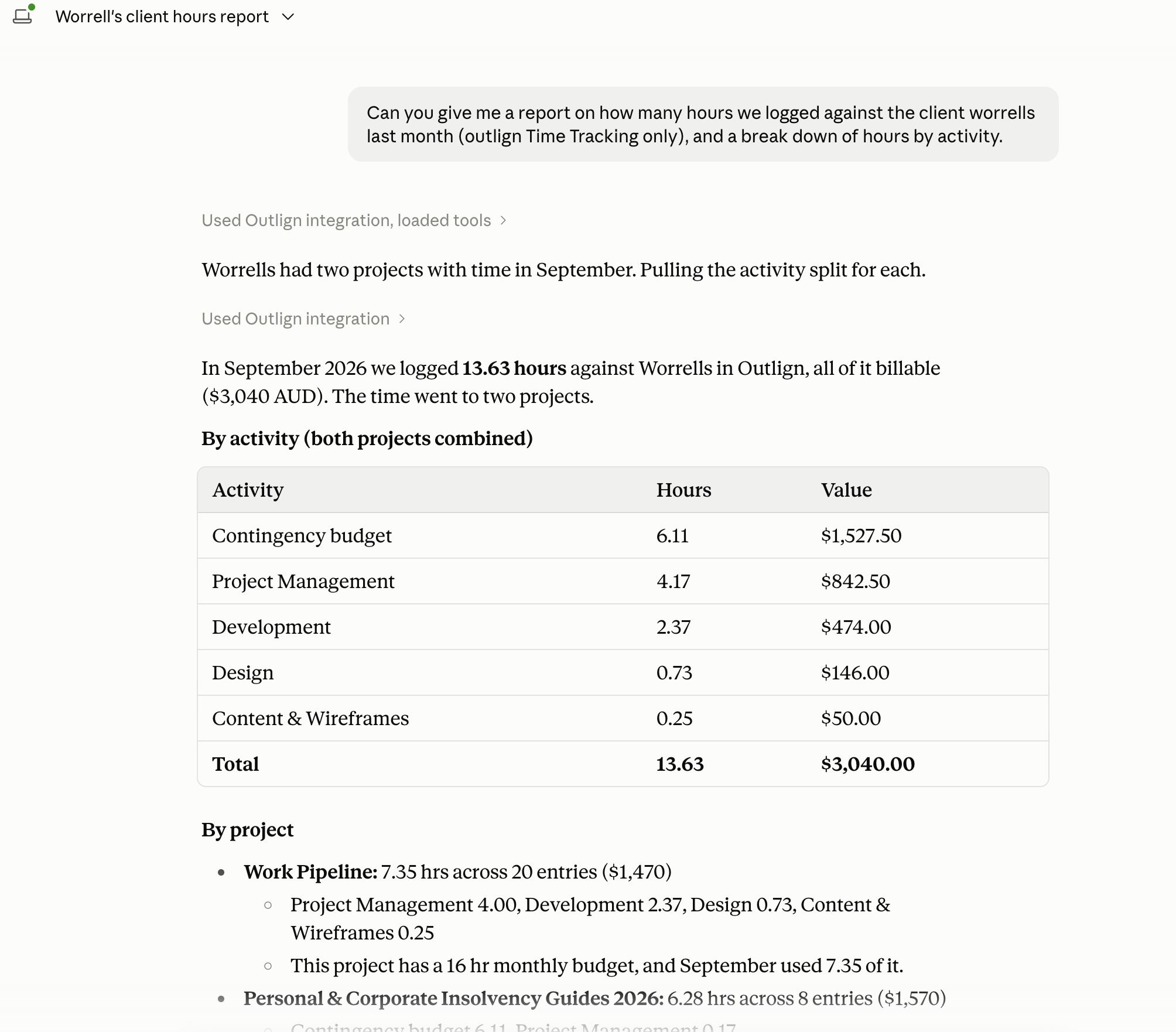 Worrell's client hours report shows September 2026 Outlign time totals by activity and a project breakdown. Visible: Worrell's client hours report, By activity (both projects combined), Activity, Hours, Value, Contingency budget.