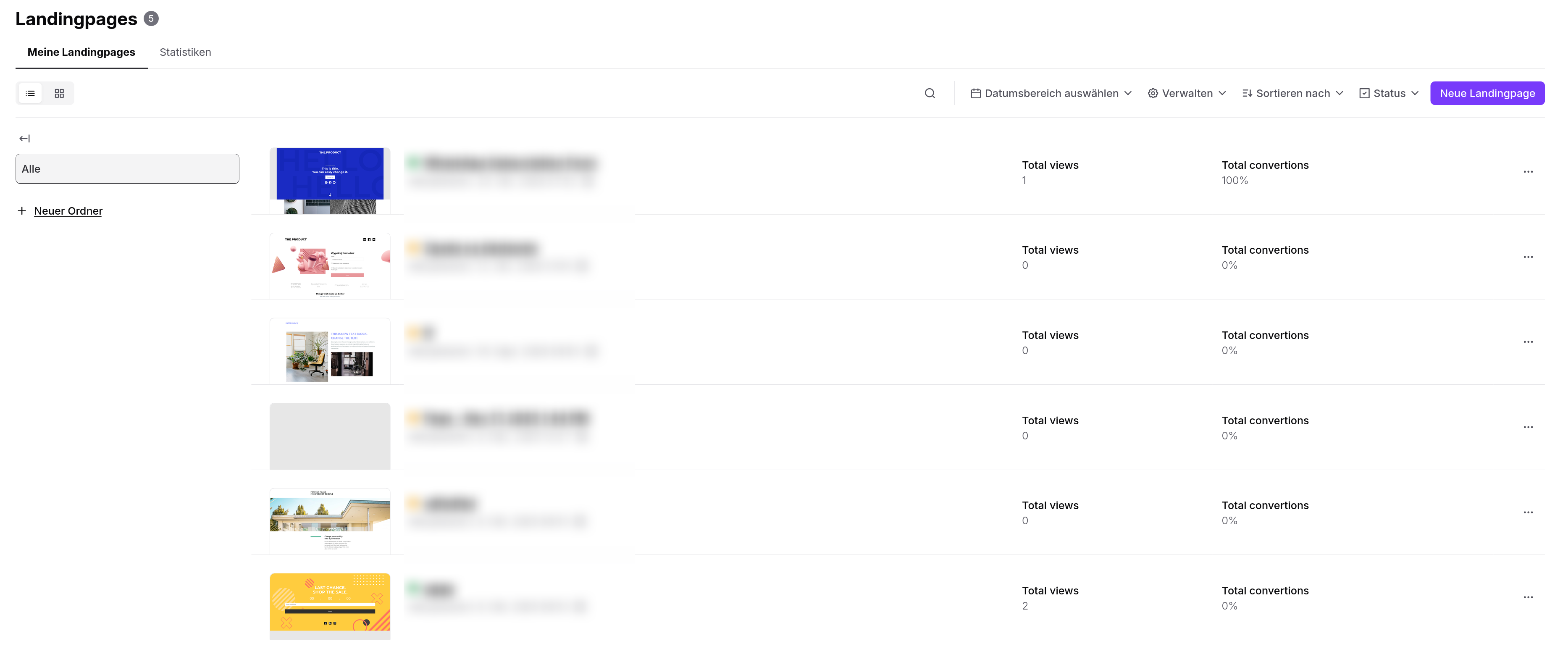 The Landingpages dashboard shows the Meine Landingpages list with page thumbnails, view and conversion totals, and controls for filtering, sorting, and creating landing pages. Visible: Landingpages, Meine Landingpages, Statistiken, Alle, Neuer Ordner, Datumsbereich auswählen.