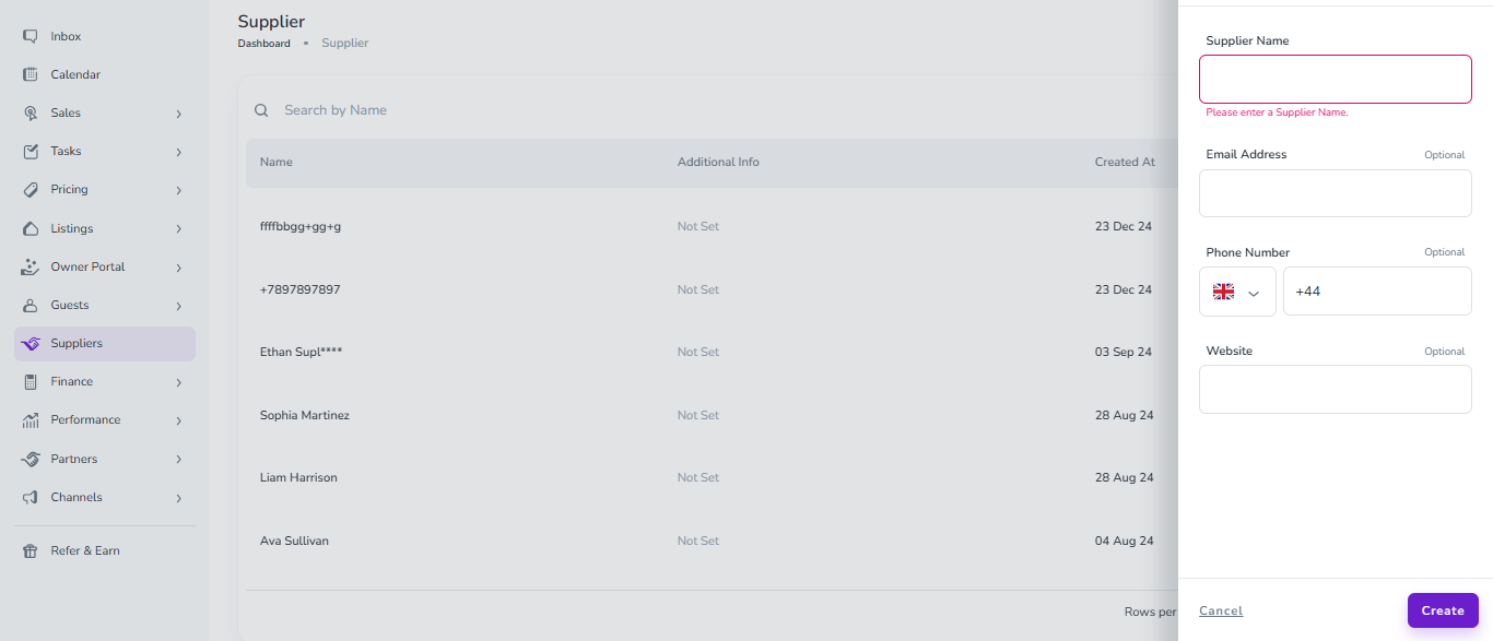 The Suppliers screen shows a right-side form with a red validation message beneath the empty Supplier Name field. Visible: Suppliers, Search by Name, Name, Additional Info, Created At, Supplier Name.