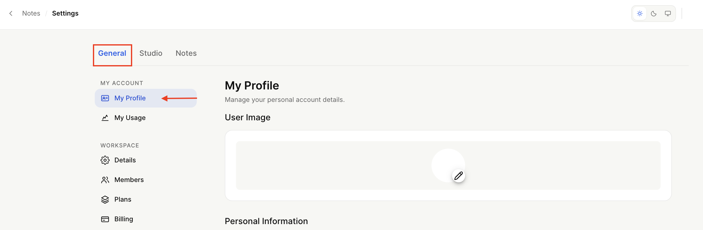 The Notes Settings screen shows the General tab and My Profile selected in the My Account sidebar, with an arrow pointing to My Profile. Visible: Notes, Settings, General, Studio, My Account, My Profile.