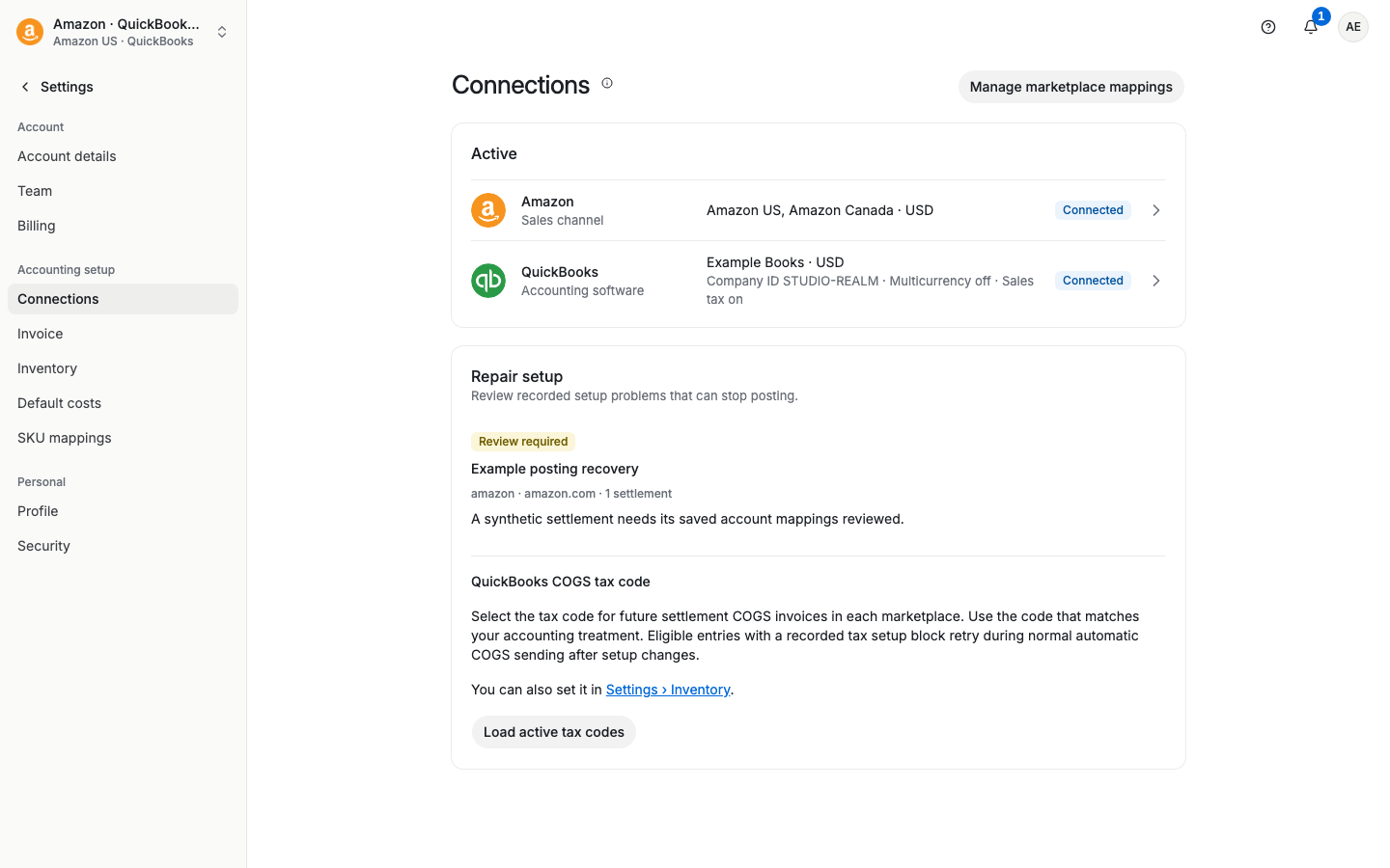 Connections page listing Amazon and QuickBooks as connected