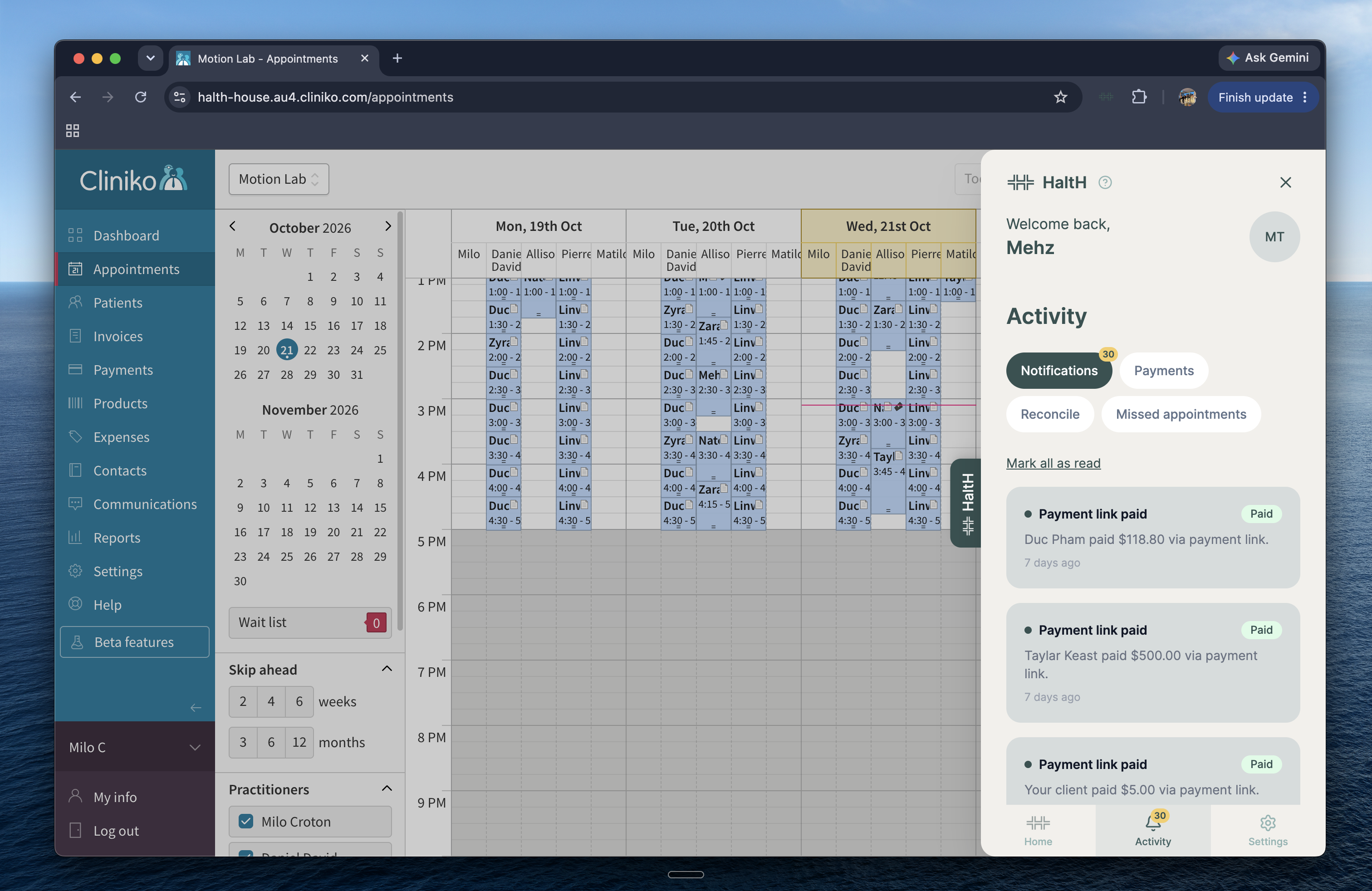 Cliniko Appointments calendar with the HaltH Activity panel open, showing Notifications selected and payment-link-paid activity cards. Visible: Appointments, October 2026, HaltH, Welcome back,, Mehz, Activity.