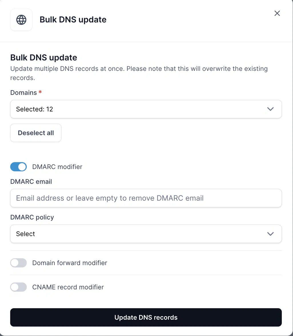 Bulk DNS update dialog with 12 domains selected, DMARC modifier enabled, and domain forward and CNAME record modifiers disabled. Visible: Bulk DNS update, Domains *, Selected: 12, Deselect all, DMARC modifier, DMARC email.