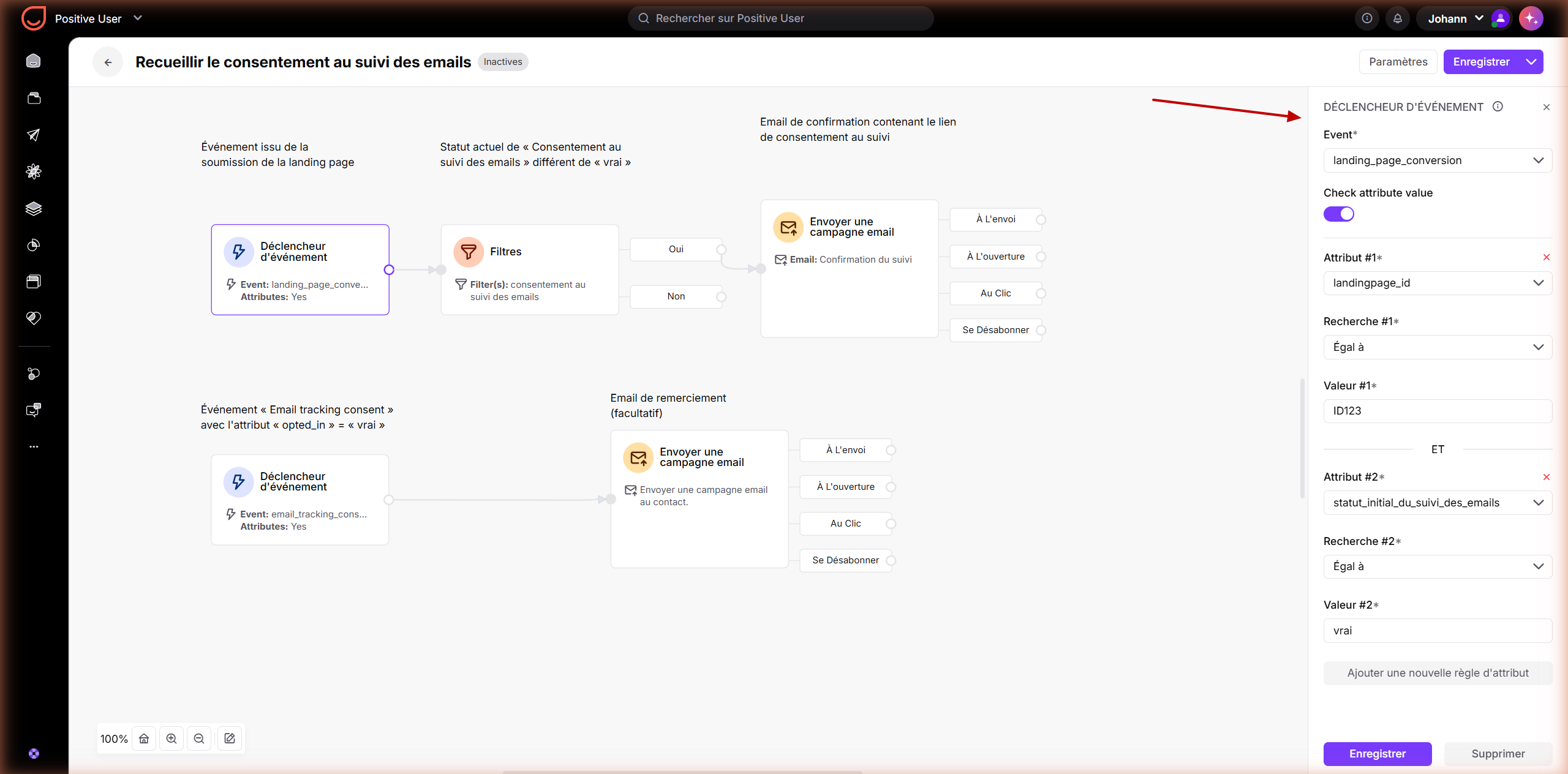 Éditeur de workflow « Recueillir le consentement au suivi des emails » avec le panneau de configuration du déclencheur d’événement à droite, indiqué par une flèche rouge. Visible: Recueillir le consentement au suivi des emails, Inactives, Paramètres, Enregistrer, DÉCLENCHEUR D'ÉVÉNEMENT, Event*.