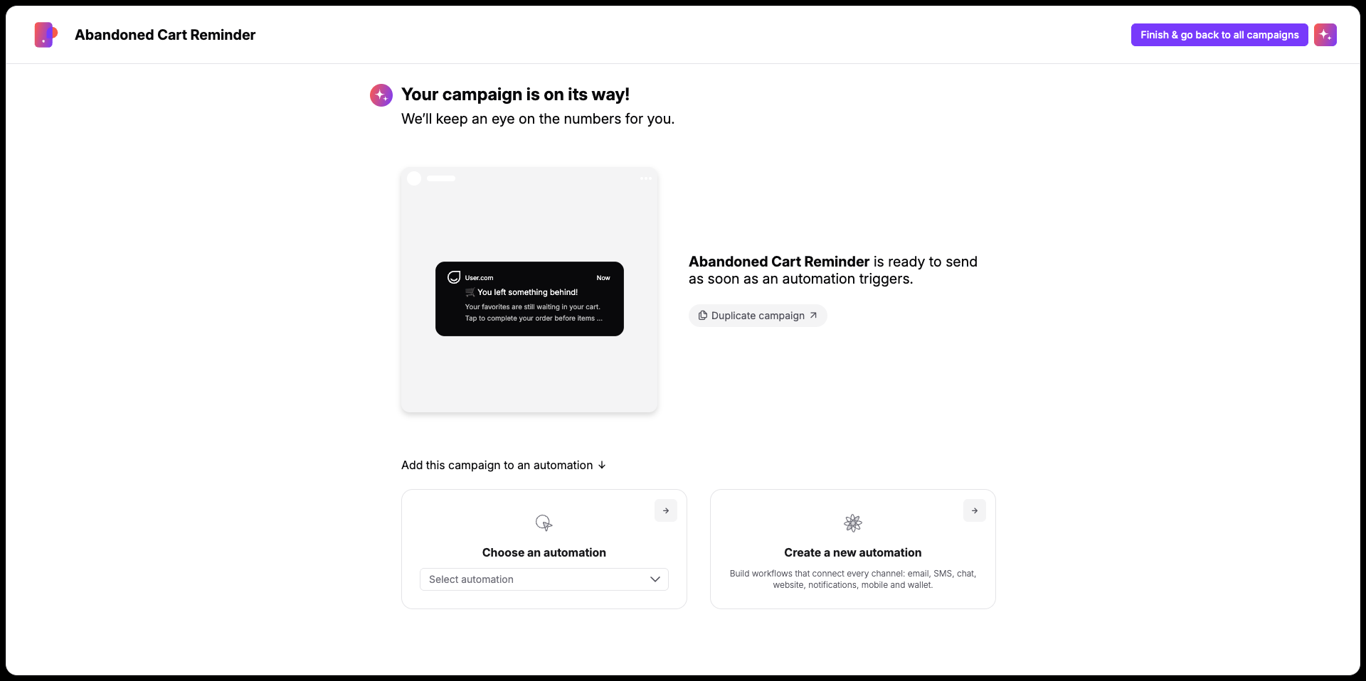 Campaign completion screen for Abandoned Cart Reminder, confirming it is ready and offering options to add it to an automation. Visible: Abandoned Cart Reminder, Finish & go back to all campaigns, Your campaign is on its way!, We’ll keep an eye on the numbers for you., Abandoned Cart Reminder is rea