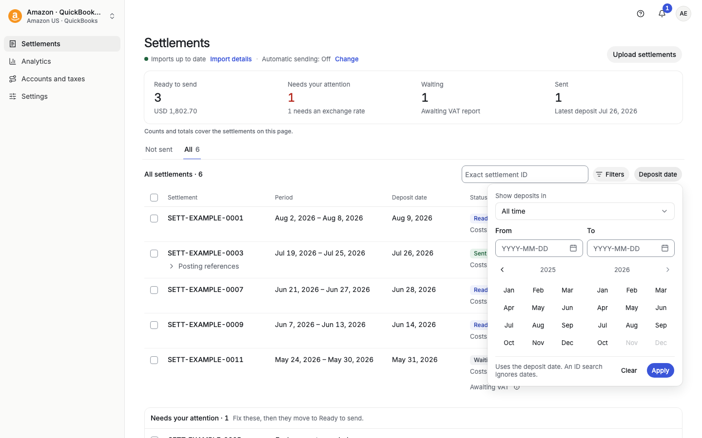 Deposit date picker with From and To fields