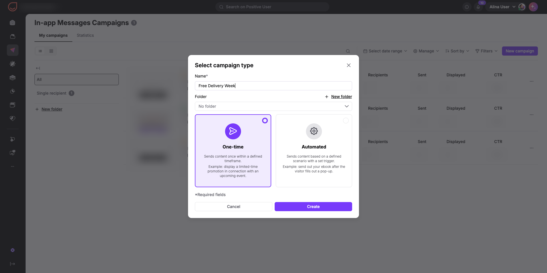 The In-app Messages Campaigns screen shows a Select campaign type dialog with “Free Delivery Week” entered and One-time selected over Automated. Visible: In-app Messages Campaigns, My campaigns, Statistics, Select campaign type, Name*, Free Delivery Week.