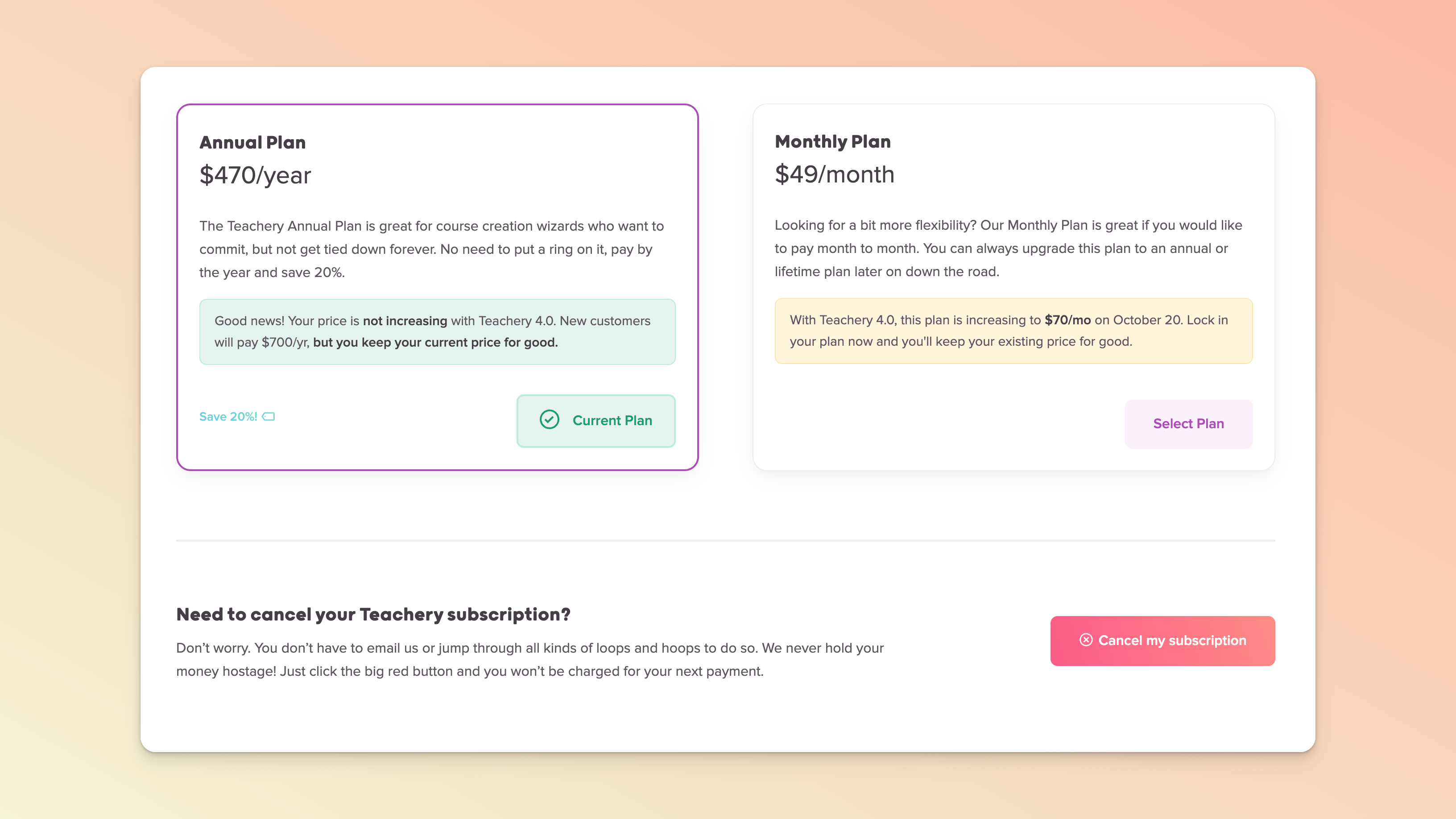 Teachery subscription settings screen comparing the current $470/year annual plan with a $49/month plan and showing the cancellation section below. Visible: Annual Plan, $470/year, Good news!, Save 20%!, Current Plan, Monthly Plan.