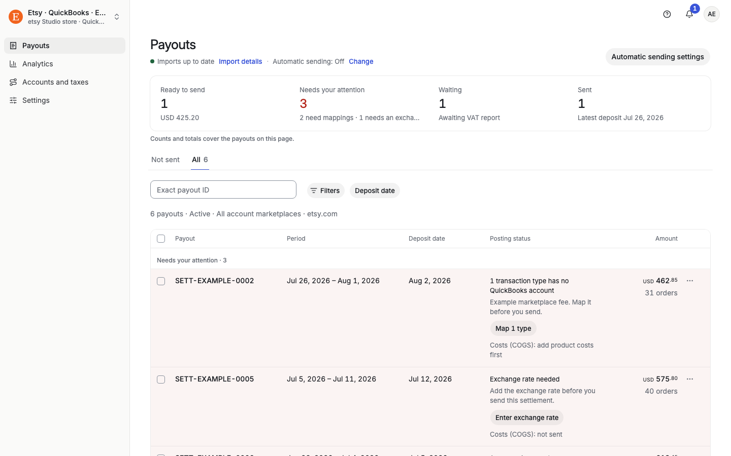 Payouts list for an Etsy account with statuses