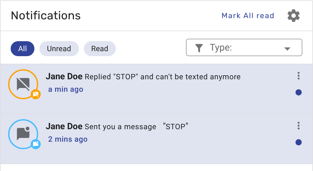 Notifications screen with All, Unread, and Read filters, a Type dropdown, and two Jane Doe message alerts; colored circles mark alert icons. Visible: Notifications, Mark All read, All, Unread, Read, Type.