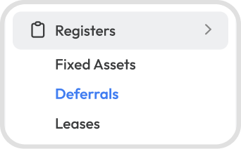Registers navigation menu showing Fixed Assets, selected Deferrals, and Leases. Visible: Registers, Fixed Assets, Deferrals, Leases.