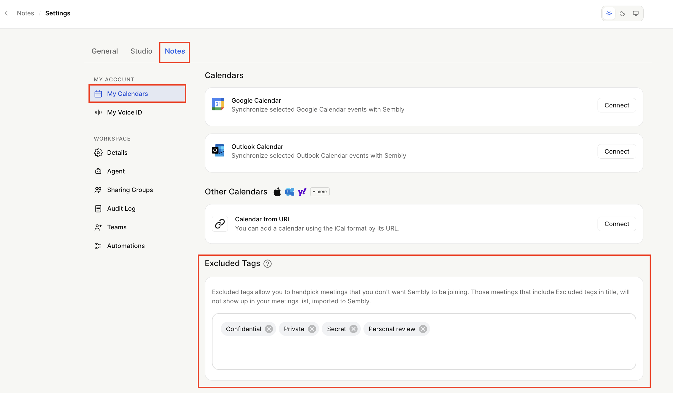 The Notes tab in Settings is open to My Calendars, with the Excluded Tags section outlined in red and listing excluded meeting-title tags. Visible: Notes, Settings, General, Studio, My Calendars, My Voice ID.