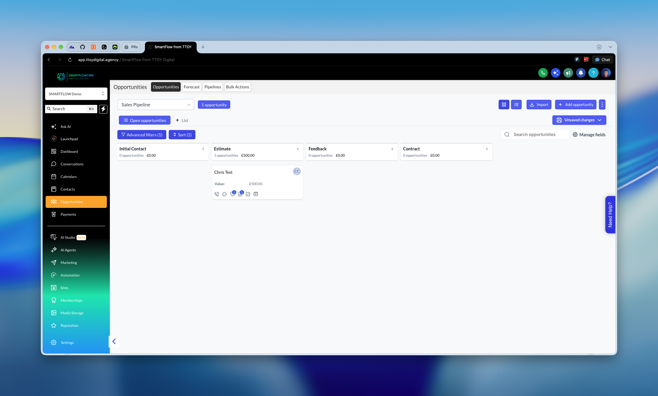 The SmartFlow CRM Opportunities screen shows a Sales Pipeline board with Initial Contact, Estimate, Feedback, and Contract stages and one opportunity card in Estimate. Visible: Opportunities, Forecast, Pipelines, Bulk Actions, Sales Pipeline, 1 opportunity.
