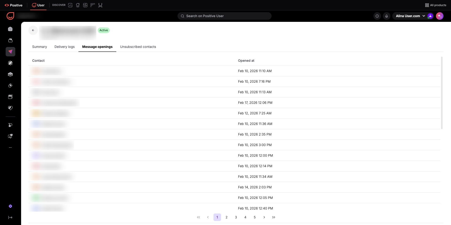 The Message openings tab for a campaign shows a table of contacts and opening timestamps, with pagination below. Visible: Positive, User, DISCOVER, All products, Search on Positive User, Active.