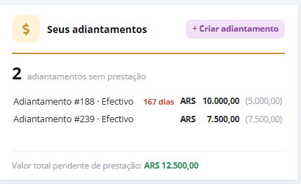 The “Seus adiantamentos” screen lists two advances without expense reports, their statuses, amounts, and total outstanding value. Visible: Seus adiantamentos, + Criar adiantamento, 2, adiantamentos sem prestação, Adiantamento #188 • Efectivo, 167 dias.