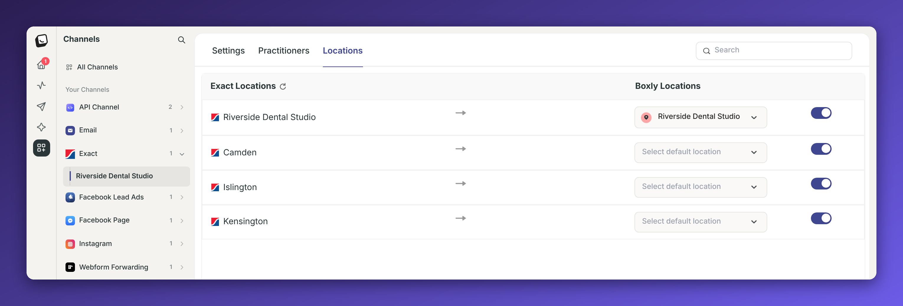 The Channels > Locations screen maps Exact locations to Boxly Locations, with dropdowns and enabled toggles for Riverside Dental Studio, Camden, Islington, and Kensington. Visible: Channels, Settings, Practitioners, Locations, Exact Locations, Boxly Locations.