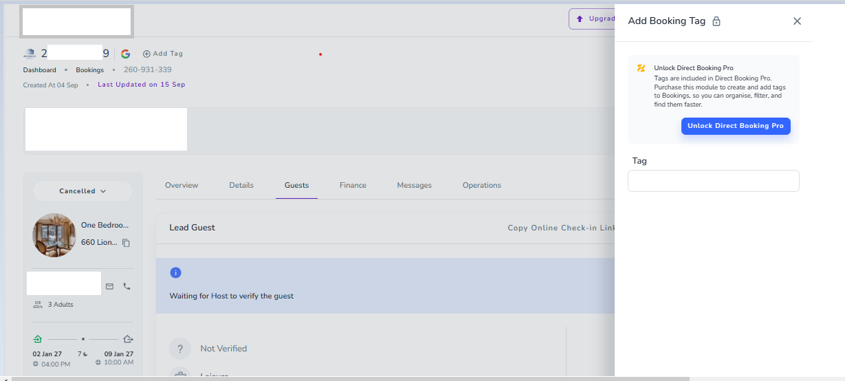 The booking’s Guests tab is open behind an Add Booking Tag panel, with the Tag field visible in the right-side panel. Visible: Add Booking Tag, Unlock Direct Booking Pro, Tag, Dashboard, Bookings, Add Tag.