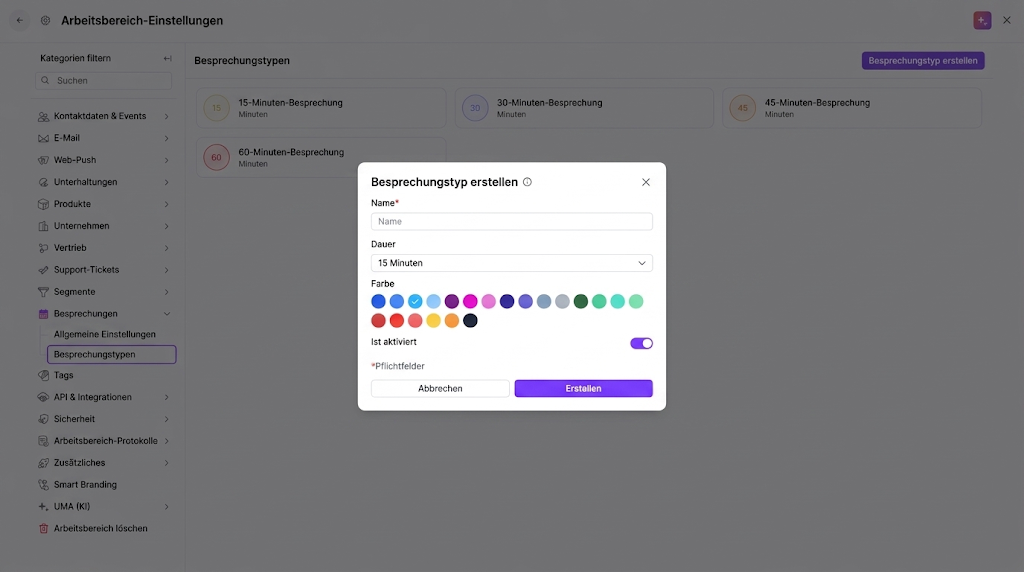 The Arbeitsbereich-Einstellungen screen shows the Besprechungstypen section with a centered Besprechungstyp erstellen dialog for naming, duration, color, and activation. Visible: Arbeitsbereich-Einstellungen, Besprechungstypen, Besprechungstyp erstellen, Name*, Dauer, 15 Minuten.