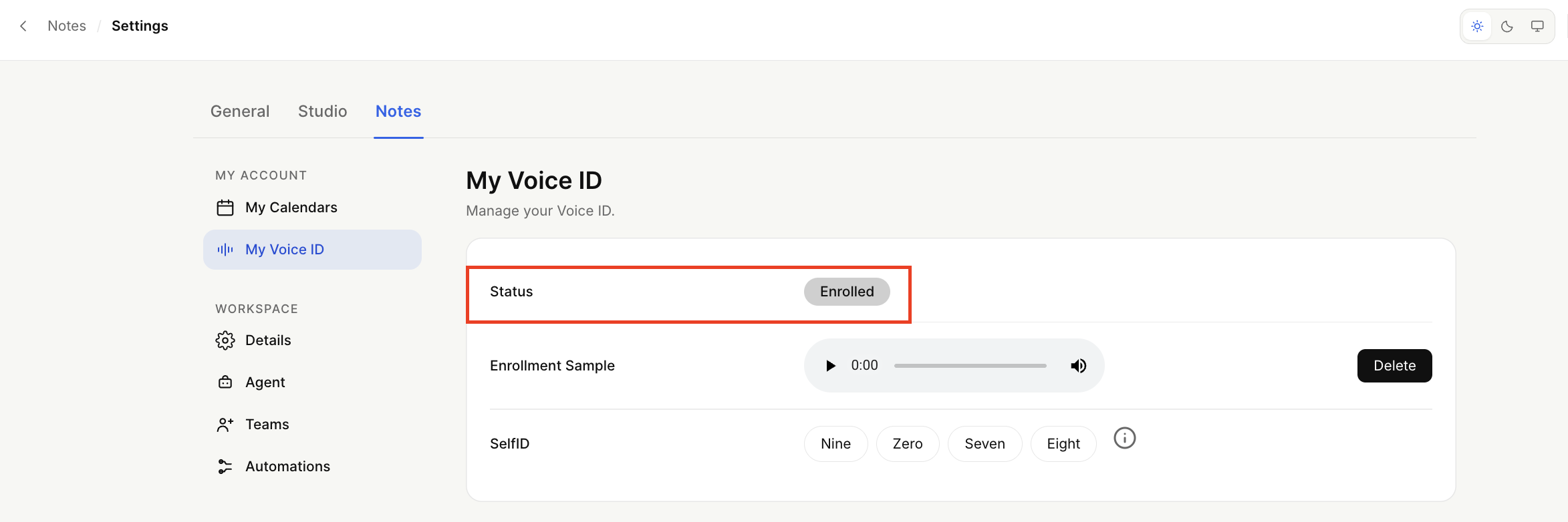 The Notes settings page shows My Voice ID as Enrolled, with an Enrollment Sample audio player and SelfID; a red rectangle highlights the status. Visible: Notes, Settings, General, Studio, My Account, My Calendars.