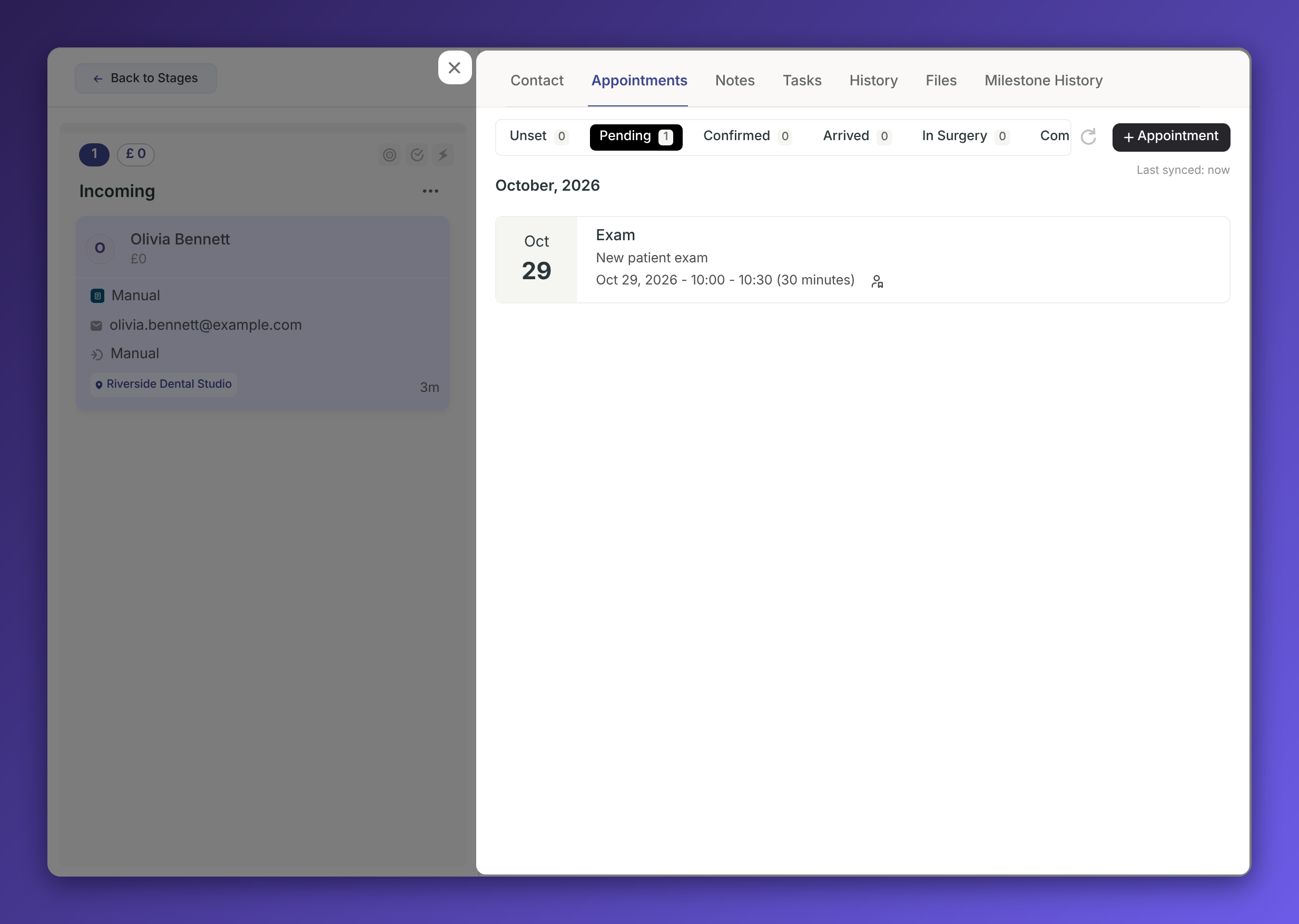 The contact record’s Appointments tab shows one pending exam scheduled for October 29, 2026, from 10:00 to 10:30. Visible: Contact, Appointments, Notes, Tasks, History, Files.