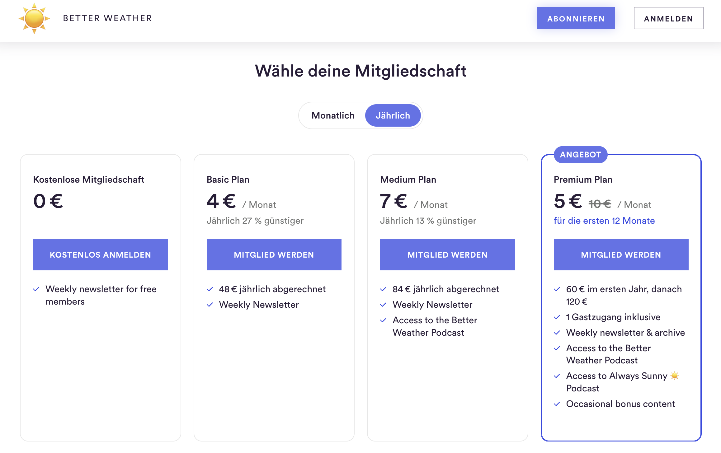 Better Weather membership pricing screen shows monthly or annual billing choices and four plans, with Premium Plan outlined and marked as offered. Visible: BETTER WEATHER, ABONNIEREN, ANMELDEN, Wähle deine Mitgliedschaft, Monatlich, Jährlich.