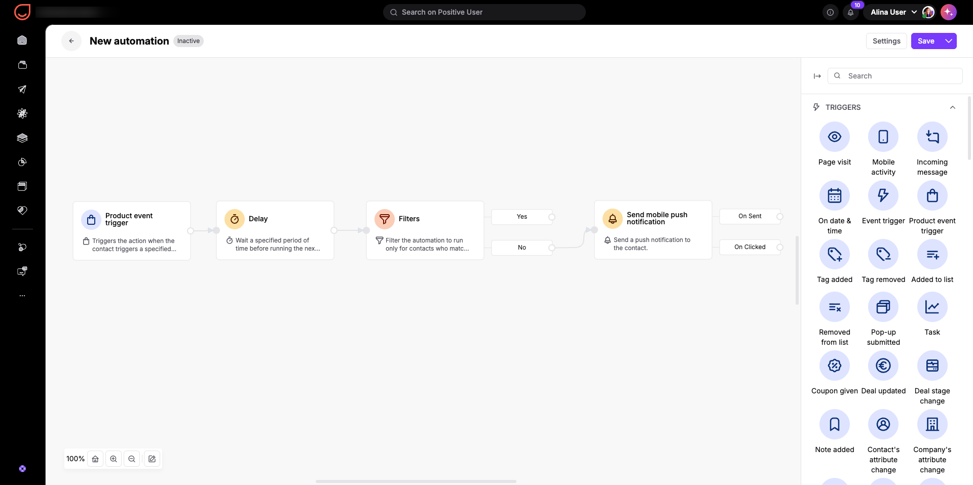 The New automation editor shows a workflow canvas with Product event trigger, Delay, Filters, and Send mobile push notification blocks, beside the Triggers panel. Visible: New automation, Inactive, Settings, Save, Search, TRIGGERS.