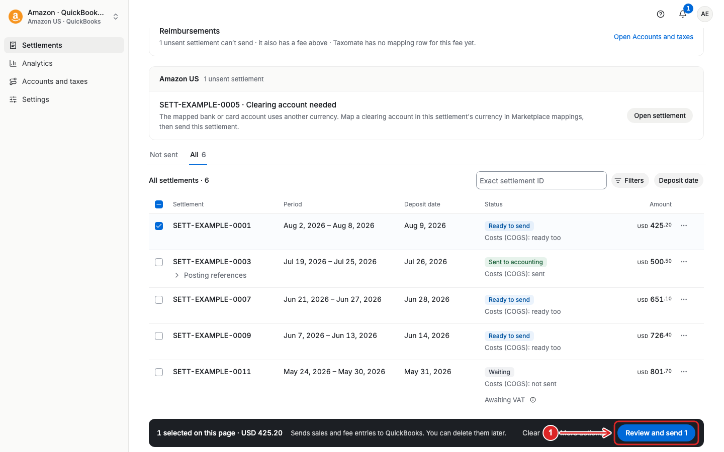 Review and send selected settlements