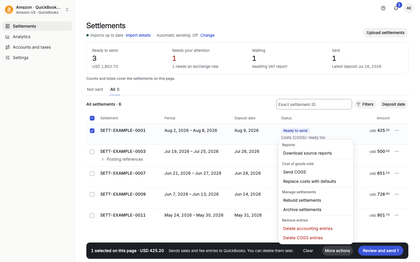 More actions menu for selected settlements with COGS, rebuild and remove entries