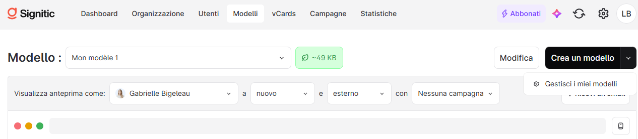 Signitic’s Modelli screen shows a selected model, preview options, and an open menu with “Gestisci i miei modelli.”. Visible: Signitic, Dashboard, Organizzazione, Utenti, Modelli, vCards.