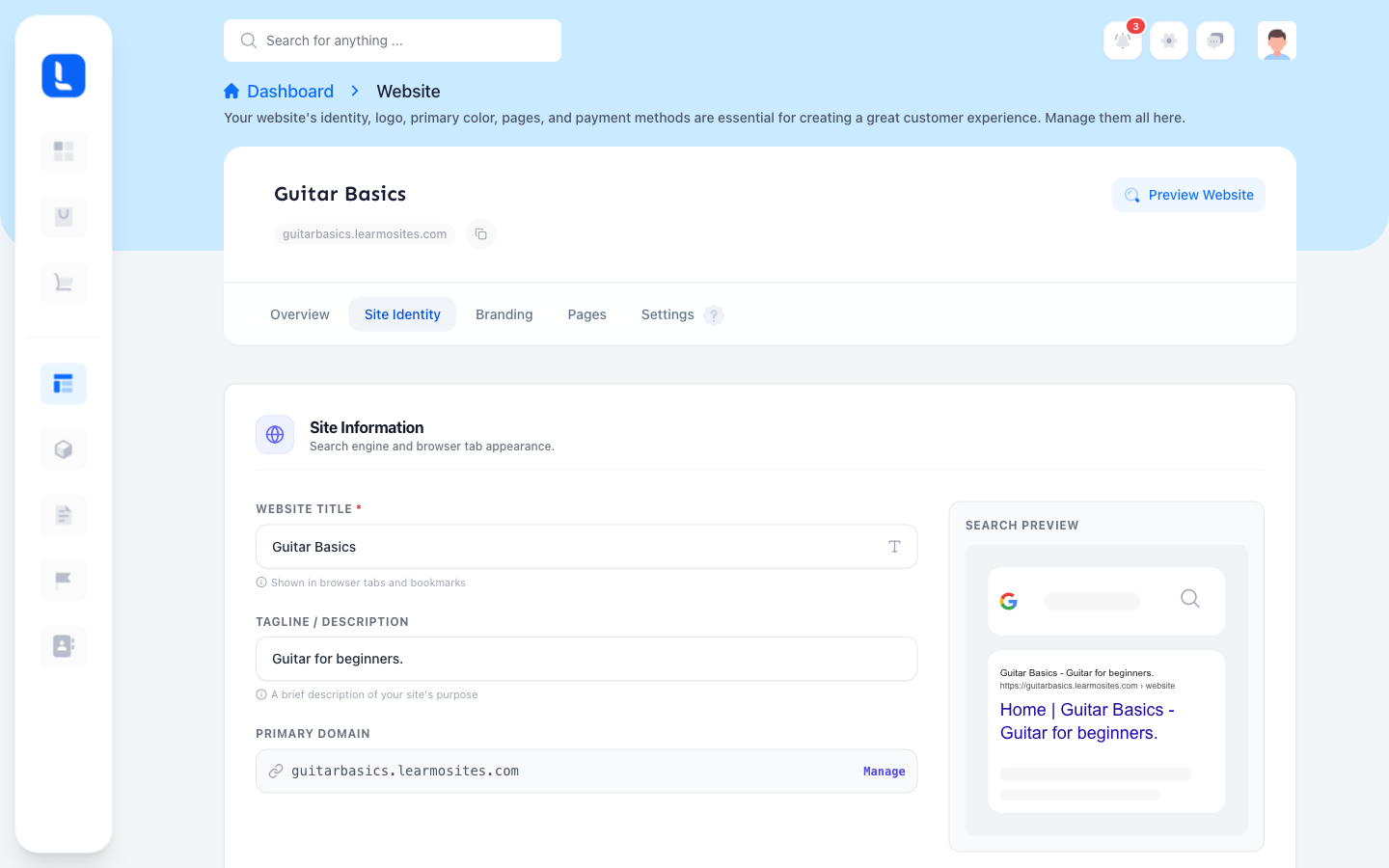 The Site Identity tab of Website, showing the Website Title, Tagline and Description, and Primary Domain fields, with the Search Preview card on the right.