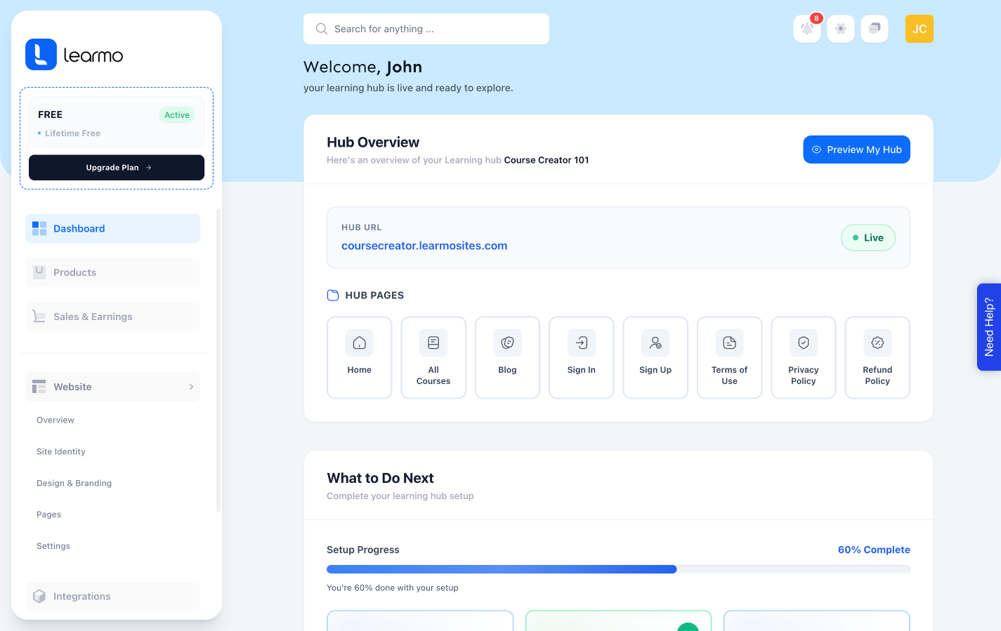 The Learmo Dashboard, showing the Hub Overview card with the Hub URL, the Live status and the Preview My Hub button.